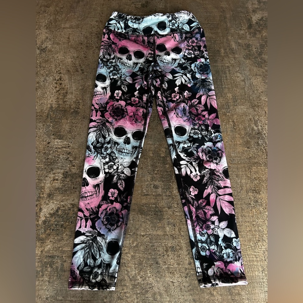 Evolution and Creation Pink and Black Skull Floral Leggings